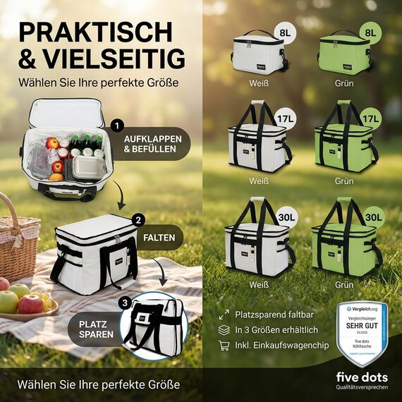 five dots Kühltasche faltbar 20l +24h Kühlung zum Einkaufen ideal für Auto & Arbeit - Isoliertasche Thermotasche Lunchbag & Picknicktasche - Kühltasche groß - Lunchtasche Herren - Lunch Bag
