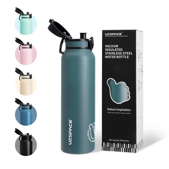 UZSPACE Edelstahl Trinkflasche 1l (970ml), Isolierte Thermosflasche mit 1-Klick-Öffnung, 100% Auslaufsicher, Sport Wasserflasche für Wandern Sport Fitness Gym Outdoor, Waldgrün