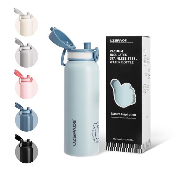 UZSPACE Thermosflasche Kinder 700ml, Isolierte Edelstahl Trinkflasche mit 1-Klick-Öffnung, 100% Auslaufsicher, Sport Wasserflasche für Schule Fitness Gym Outdoor, Nebelblau