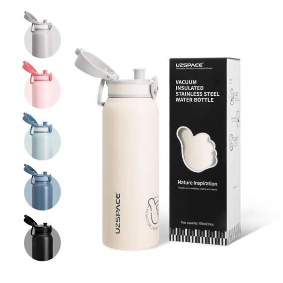 UZSPACE Thermosflasche Kinder 700ml, Isolierte Edelstahl Trinkflasche mit 1-Klick-Öffnung, 100% Auslaufsicher, Sport Wasserflasche für Schule Fitness Gym Outdoor, Frostweiß