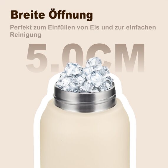 UZSPACE Edelstahl Trinkflasche 1l (970ml), Isolierte Thermosflasche mit 1-Klick-Öffnung, 100% Auslaufsicher, Sport Wasserflasche für Wandern Sport Fitness Gym Outdoor, Cremeweiß