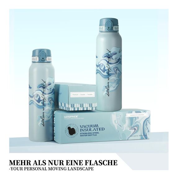 UZSPACE Edelstahl Trinkflasche 1l (970ml), Isolierte Thermosflasche mit 1-Klick-Öffnung, 100% Auslaufsicher, Sport Wasserflasche für Wandern Sport Fitness Gym Outdoor, Art-Nebelblau