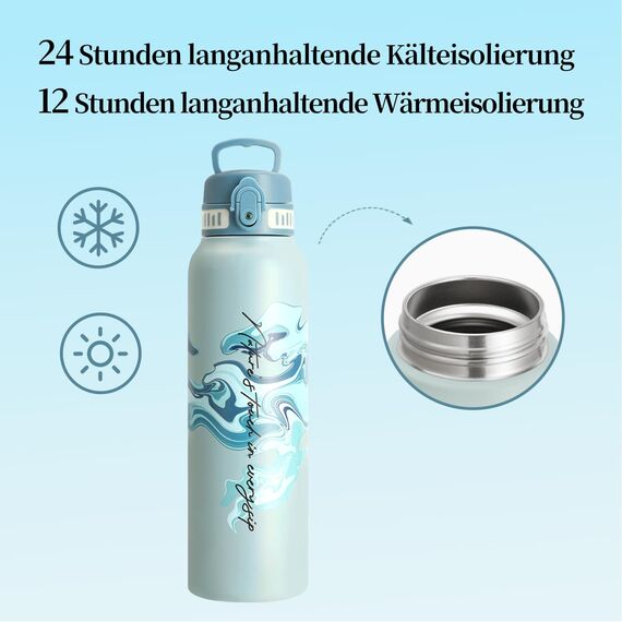 UZSPACE Edelstahl Trinkflasche 1l (970ml), Isolierte Thermosflasche mit 1-Klick-Öffnung, 100% Auslaufsicher, Sport Wasserflasche für Wandern Sport Fitness Gym Outdoor, Art-Nebelblau