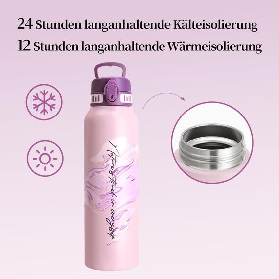 UZSPACE Edelstahl Trinkflasche 1l (970ml), Isolierte Thermosflasche mit 1-Klick-Öffnung, 100% Auslaufsicher, Sport Wasserflasche für Wandern Sport Fitness Gym Outdoor, Art-Kristalllila