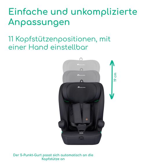 Bebeconfort Ever i-Safe, Mitwachsender Kindersitz 9-36 kg, 15 M.–12 J., 76–150cm, Kindersitzerhöhung, R129-Sicherheit, Seitenaufprallschutz, 11 Kopfstützenpositionen, Integrierte Armlehnen, Full Black