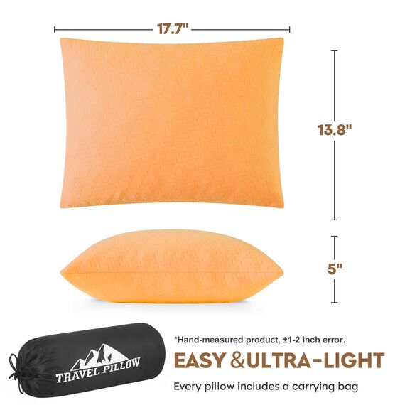PEUJEW Reisekissen Memory Foam Kissen, Camping Kissen Kleines Kissen 45x35x12 cm, Reisekopfkissen mit Wasserdichter Packsack, Ideal für Flugzeug, Auto und Camping (M, Aprikosengelb)