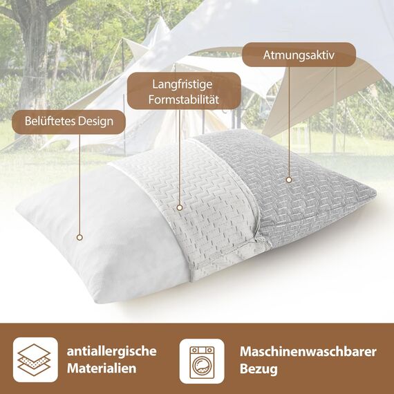 PEUJEW Reisekissen Memory Foam Kissen, Camping Kissen Kleines Kissen 58x40x12 cm, Reisekopfkissen mit Wasserdichter Packsack, Ideal für Flugzeug, Auto und Camping (L, Hellgrau)