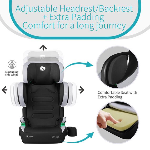 globalkids Kindersitz 15-36kg, Kinderautositz mit Isofix, i-Size R129 Kindersitzerhöhung,ca. 3,5 bis 12 Jahre (100 bis 150 cm),Armlehnen und Kopfstütze höhenverstellbar, leicht, mit Getränkehalter