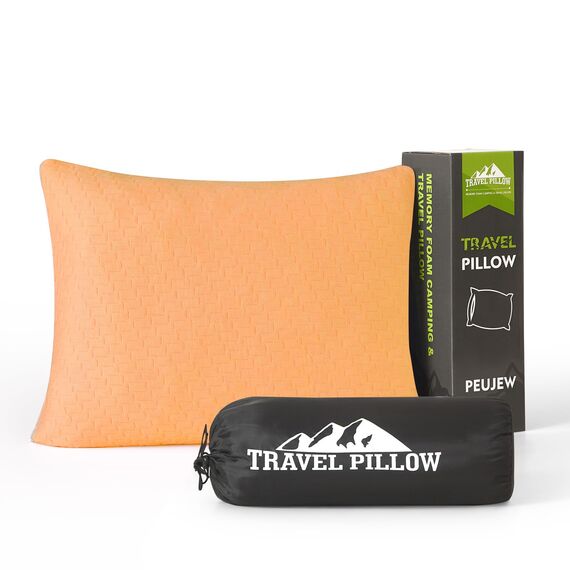 PEUJEW Reisekissen Memory Foam Kissen, Camping Kissen Kleines Kissen 45x35x12 cm, Reisekopfkissen mit Wasserdichter Packsack, Ideal für Flugzeug, Auto und Camping (M, Aprikosengelb)