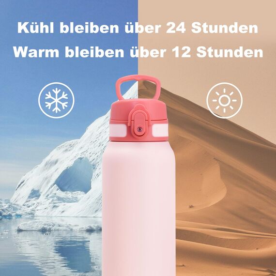 UZSPACE Thermosflasche Kinder 700ml, Isolierte Edelstahl Trinkflasche mit 1-Klick-Öffnung, 100% Auslaufsicher, Sport Wasserflasche für Schule Fitness Gym Outdoor, Quarzrosa