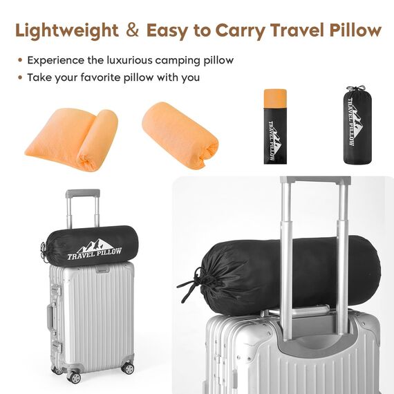 PEUJEW Reisekissen Memory Foam Kissen, Camping Kissen Kleines Kissen 45x35x12 cm, Reisekopfkissen mit Wasserdichter Packsack, Ideal für Flugzeug, Auto und Camping (M, Aprikosengelb)