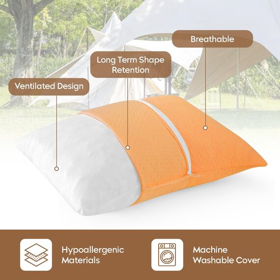 PEUJEW Reisekissen Memory Foam Kissen, Camping Kissen Kleines Kissen 58x40x12 cm, Reisekopfkissen mit Wasserdichter Packsack, Ideal für Flugzeug, Auto und Camping (L, Aprikosengelb)