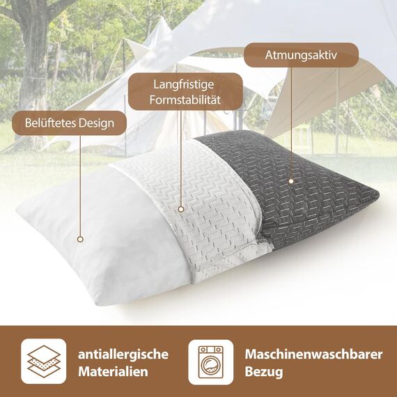 PEUJEW Reisekissen Memory Foam Kissen, Camping Kissen Kleines Kissen 40x30x12 cm, Reisekopfkissen mit Wasserdichter Packsack, Ideal für Flugzeug, Auto und Camping (S, Grau)