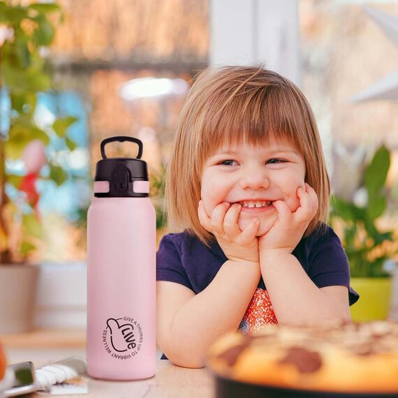 UZSPACE Thermosflasche Kinder 700ml, Isolierte Edelstahl Trinkflasche mit 1-Klick-Öffnung, 100% Auslaufsicher, Sport Wasserflasche für Schule Fitness Gym Outdoor, Blütenrosa