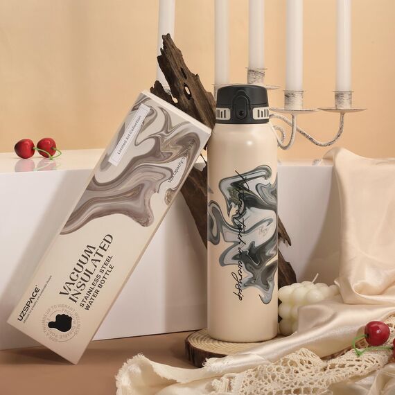 UZSPACE Edelstahl Trinkflasche 1l (970ml), Isolierte Thermosflasche mit 1-Klick-Öffnung, 100% Auslaufsicher, Sport Wasserflasche für Wandern Sport Fitness Gym Outdoor, Art-Weiß