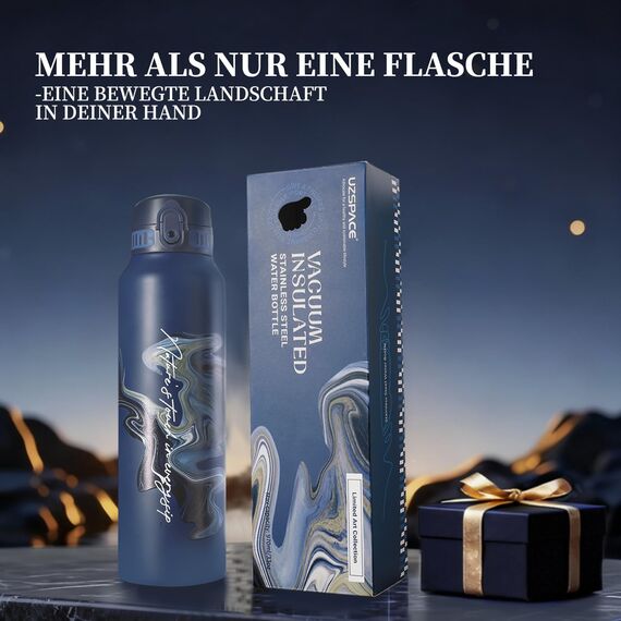 UZSPACE Edelstahl Trinkflasche 1l (970ml), Isolierte Thermosflasche mit 1-Klick-Öffnung, 100% Auslaufsicher, Sport Wasserflasche für Wandern Sport Fitness Gym Outdoor, Art-Blau