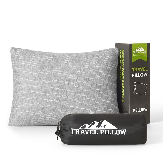 PEUJEW Reisekissen Memory Foam Kissen, Camping Kissen Kleines Kissen 58x40x12 cm, Reisekopfkissen mit Wasserdichter Packsack, Ideal für Flugzeug, Auto und Camping (L, Hellgrau)
