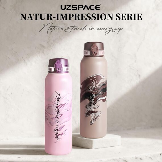 UZSPACE Edelstahl Trinkflasche 1l (970ml), Isolierte Thermosflasche mit 1-Klick-Öffnung, 100% Auslaufsicher, Sport Wasserflasche für Wandern Sport Fitness Gym Outdoor, Art-Kristalllila