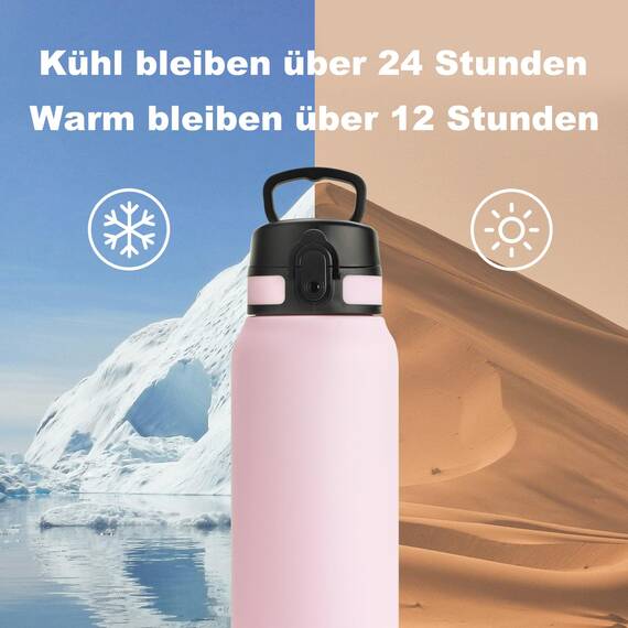 UZSPACE Edelstahl Trinkflasche 1l (970ml), Isolierte Thermosflasche mit 1-Klick-Öffnung, 100% Auslaufsicher, Sport Wasserflasche für Wandern Sport Fitness Gym Outdoor, Blütenrosa