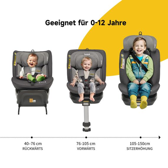 Jovikids 360° Drehbar Kindersitz mit ISOFIX, i-Size 40-150cm(ab Geburt -12 Jahre) Baby Autositz Reboarder mit Liegefunktion & Abnehmbar Vordach, ECE R129 (grau)