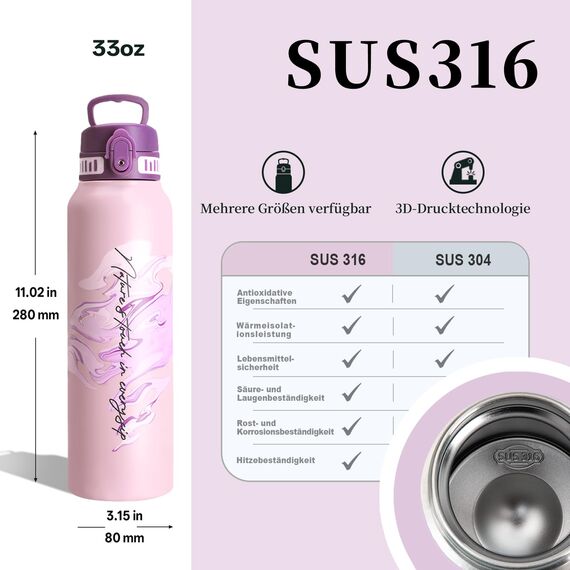 UZSPACE Edelstahl Trinkflasche 1l (970ml), Isolierte Thermosflasche mit 1-Klick-Öffnung, 100% Auslaufsicher, Sport Wasserflasche für Wandern Sport Fitness Gym Outdoor, Art-Kristalllila