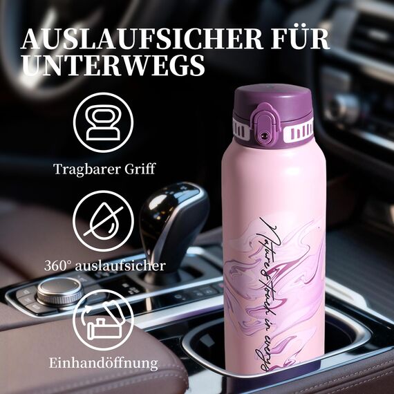UZSPACE Edelstahl Trinkflasche 1l (970ml), Isolierte Thermosflasche mit 1-Klick-Öffnung, 100% Auslaufsicher, Sport Wasserflasche für Wandern Sport Fitness Gym Outdoor, Art-Kristalllila