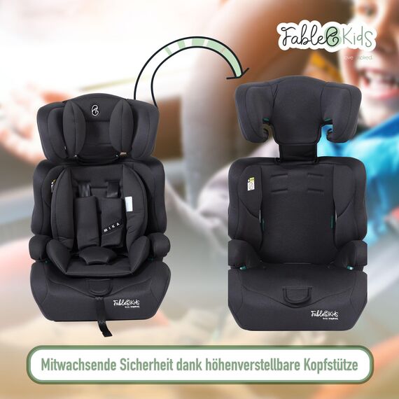 FableKids Kinderautositz 9-36 kg | 3-Punkt-Sicherheitsgurt | Autokindersitz ab 15 M. | Autositz für Kinder 76-150 cm | Kindersitz einstellbare Kopfstütze ECE R129/03 | Verstellbar | Schwarz