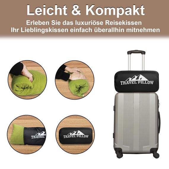 PEUJEW Reisekissen Memory Foam Kissen, Camping Kissen Kleines Kissen 45x35x12 cm, Reisekopfkissen mit Wasserdichter Packsack, Ideal für Flugzeug, Auto und Camping (M, Avocado-Grün)