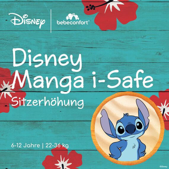 Bebeconfort Disney Manga i-Safe, Kindersitzerhöhung, Folgekindersitz Stitch Disney, 6–12 Jahre, 128–150 cm, 22-36 kg, Leicht, Einfache Gurtinstallation, Vollständig gepolstert, Authentic Stitch