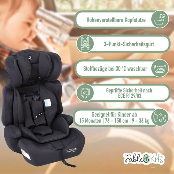 FableKids Kinderautositz 9-36 kg | 3-Punkt-Sicherheitsgurt | Autokindersitz ab 15 M. | Autositz für Kinder 76-150 cm | Kindersitz einstellbare Kopfstütze ECE R129/03 | Verstellbar | Schwarz