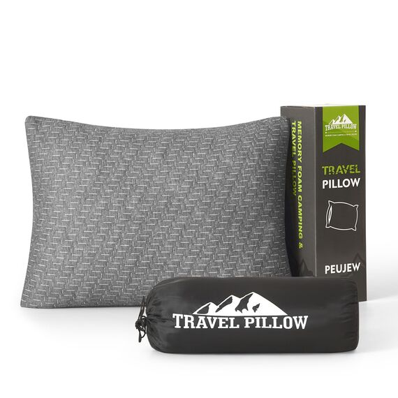 PEUJEW Reisekissen Memory Foam Kissen, Camping Kissen Kleines Kissen 40x30x12 cm, Reisekopfkissen mit Wasserdichter Packsack, Ideal für Flugzeug, Auto und Camping (S, Grau)