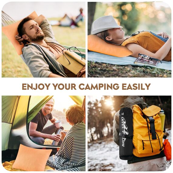 PEUJEW Reisekissen Memory Foam Kissen, Camping Kissen Kleines Kissen 45x35x12 cm, Reisekopfkissen mit Wasserdichter Packsack, Ideal für Flugzeug, Auto und Camping (M, Aprikosengelb)