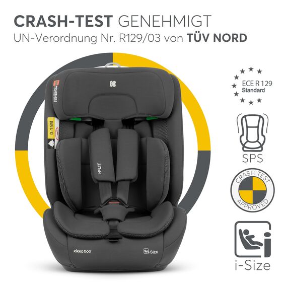 KikkaBoo i-Size i-­FLIT, Kindersitz 9-36 kg ISOFIX, Autokindersitz 76-150 cm, Gruppe 1/2/3, 15 Monate bis 12 Jahre, SPS Seitenschutz, Top Tether, Verstellbare Kopfstütze, Dunkelgrau