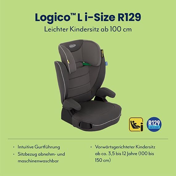 Graco Logico™ L i-Size R129, Kindersitz ca. 3,5 bis 12 Jahre (100 bis 150 cm), höhenverstellbare Kopfstütze, waschbare Sitzbezüge, Installation mit Fahrzeuggurt, Kindersitz grau, Iron