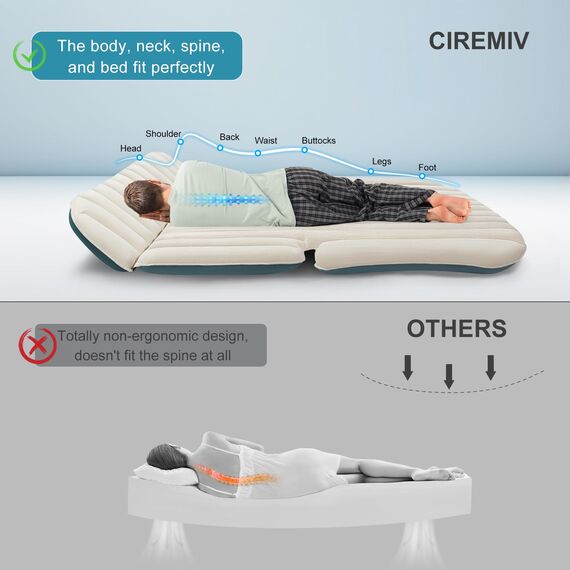Ciremiv Auto Matratze mit Doppelseitiger, Dicker Beflockung,Auto Luftmatratze mit Pumpe und Eingebautem Kissen/Auslaufsichere, Bequeme, Langlebige Autobett,Car Bed für Autocamping, Roadtrip