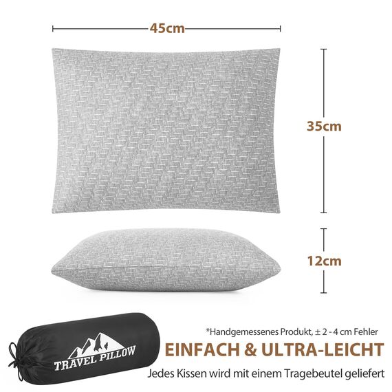 PEUJEW Reisekissen Memory Foam Kissen, Camping Kissen Kleines Kissen 45x35x12 cm, Reisekopfkissen mit Wasserdichter Packsack, Ideal für Flugzeug, Auto und Camping (M, Hellgrau)