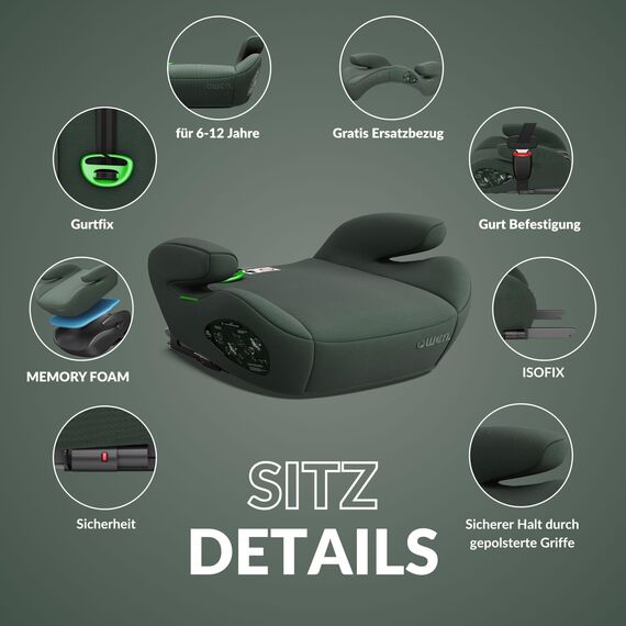 OWEN Sitzerhöhung Auto mit ISOFIX | Kindersitz mit Memory-Schaum & Wechselbezug | Für 15–36 kg (6–12 Jahre) | ECE R129 geprüft | ergonomisch & leicht | Bezug waschbar – grün