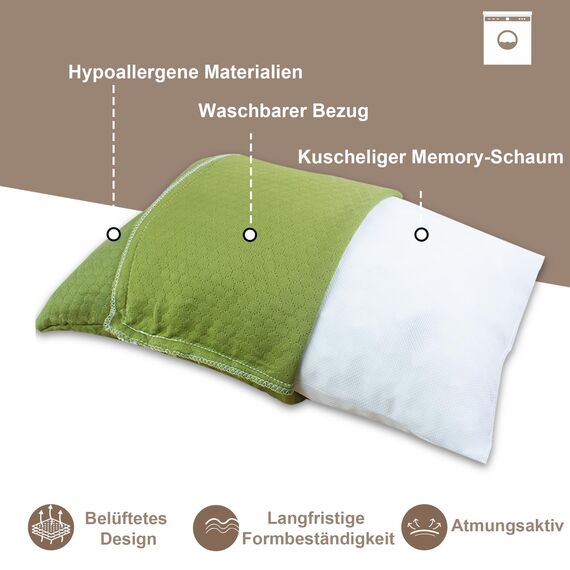 PEUJEW Reisekissen Memory Foam Kissen, Camping Kissen Kleines Kissen 40x30x12 cm, Reisekopfkissen mit Wasserdichter Packsack, Ideal für Flugzeug, Auto und Camping (S, Avocado-Grün)