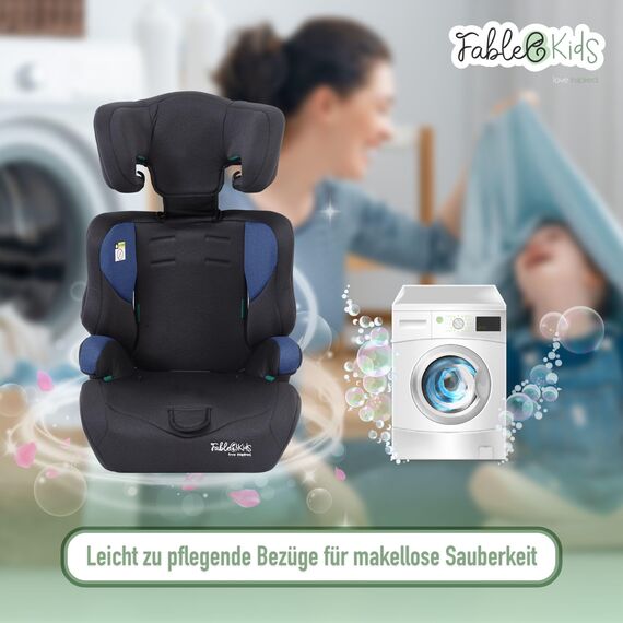 Fablekids Kinderautositz | 3-Punkt-Sicherheitsgurt | Autokindersitz ab 15 M. | Autositz für Kinder 76-150 cm | Kindersitz einstellbare Kopfstütze | ECE R129/03 | Verstellbar 44,5x41x68-75cm | Blau