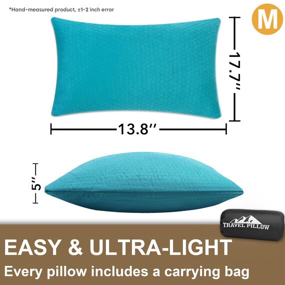 PEUJEW Reisekissen Memory Foam Kissen, Camping Kissen Kleines Kissen 45x35x12 cm, Reisekopfkissen mit Wasserdichter Packsack, Ideal für Flugzeug, Auto und Camping (M, Türkisblau)