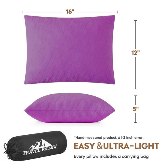 PEUJEW Reisekissen Memory Foam Kissen, Camping Kissen Kleines Kissen 40x30x12 cm, Reisekopfkissen mit Wasserdichter Packsack, Ideal für Flugzeug, Auto und Camping (S, Lila)