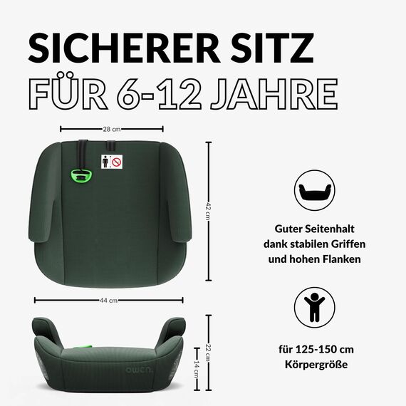 OWEN Sitzerhöhung Auto mit ISOFIX | Kindersitz mit Memory-Schaum & Wechselbezug | Für 15–36 kg (6–12 Jahre) | ECE R129 geprüft | ergonomisch & leicht | Bezug waschbar – grün