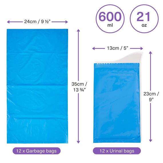 Bramble 12 Einweg Urinbeutel (600ml) & 12 Müllbeutel für Frauen, Männer, Kinder - Pinkelbeutel, WC, Notfall Toilette für Unterwegs, Auto, Camping, Reise (Packung mit 2)