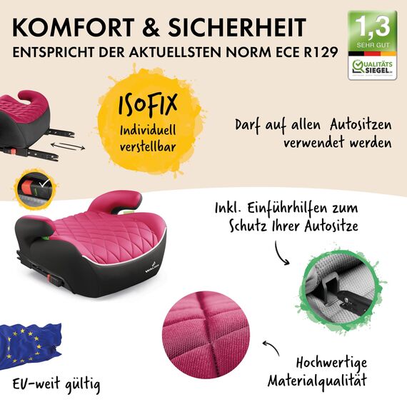 WALSER Premium Kinder Sitzerhöhung Auto ISOFIX, Qualitätssieger Sehr Gut* Kindersitz Auto 125-150 cm, Kindersitzerhöhung Auto Andy neueste Norm 2024 ECE R 129, Sitzerhöhung Auto Kinder schwarz/pink