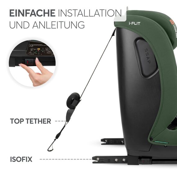 KikkaBoo i-Size i-­FLIT, Kindersitz 9-36 kg ISOFIX, Autokindersitz 76-150 cm, Gruppe 1/2/3, 15 Monate bis 12 Jahre, SPS Seitenschutz, Top Tether, Verstellbare Kopfstütze, Armeegrün