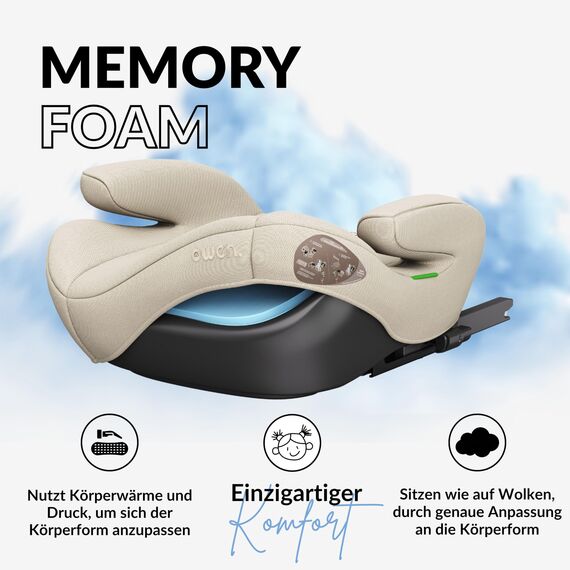OWEN Sitzerhöhung Auto mit ISOFIX | Kindersitz mit Memory-Schaum & Wechselbezug | Für 15–36 kg (6–12 Jahre) | ECE R129 geprüft | ergonomisch & leicht | Bezug waschbar – beige