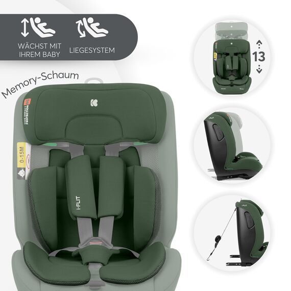 KikkaBoo i-Size i-­FLIT, Kindersitz 9-36 kg ISOFIX, Autokindersitz 76-150 cm, Gruppe 1/2/3, 15 Monate bis 12 Jahre, SPS Seitenschutz, Top Tether, Verstellbare Kopfstütze, Armeegrün