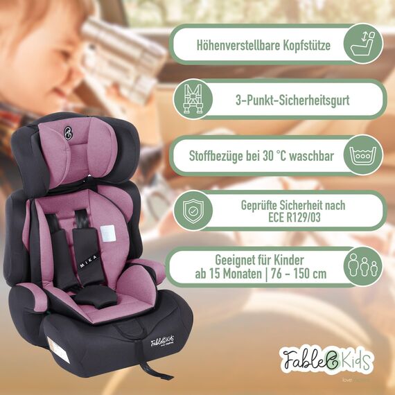 FableKids Kinderautositz 9-36 kg | 3-Punkt-Sicherheitsgurt | Autokindersitz ab 15 M. | Autositz für Kinder 76-150 cm | Kindersitz einstellbare Kopfstütze ECE R129/03 | Verstellbar | Pink