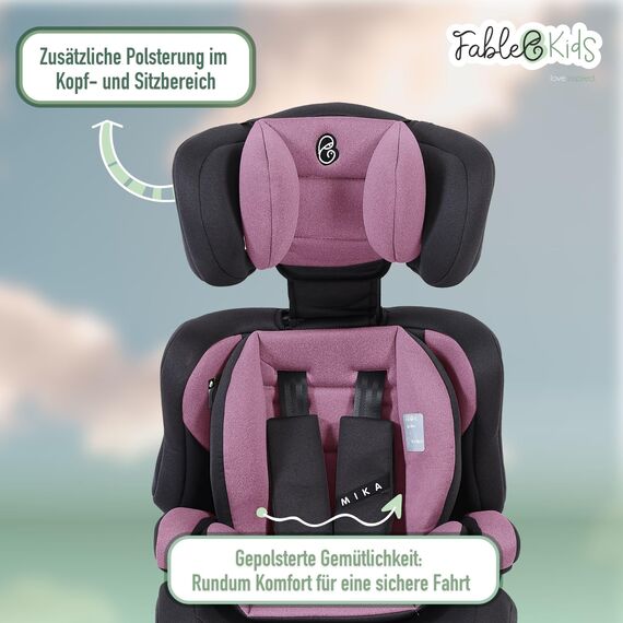 FableKids Kinderautositz 9-36 kg | 3-Punkt-Sicherheitsgurt | Autokindersitz ab 15 M. | Autositz für Kinder 76-150 cm | Kindersitz einstellbare Kopfstütze ECE R129/03 | Verstellbar | Pink