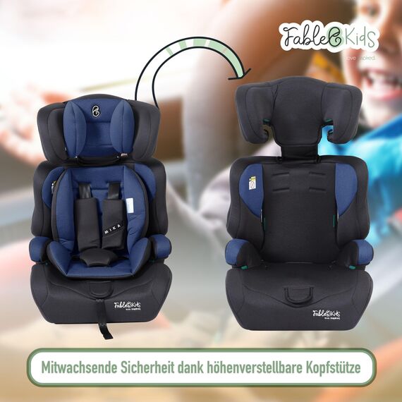 Fablekids Kinderautositz | 3-Punkt-Sicherheitsgurt | Autokindersitz ab 15 M. | Autositz für Kinder 76-150 cm | Kindersitz einstellbare Kopfstütze | ECE R129/03 | Verstellbar 44,5x41x68-75cm | Blau